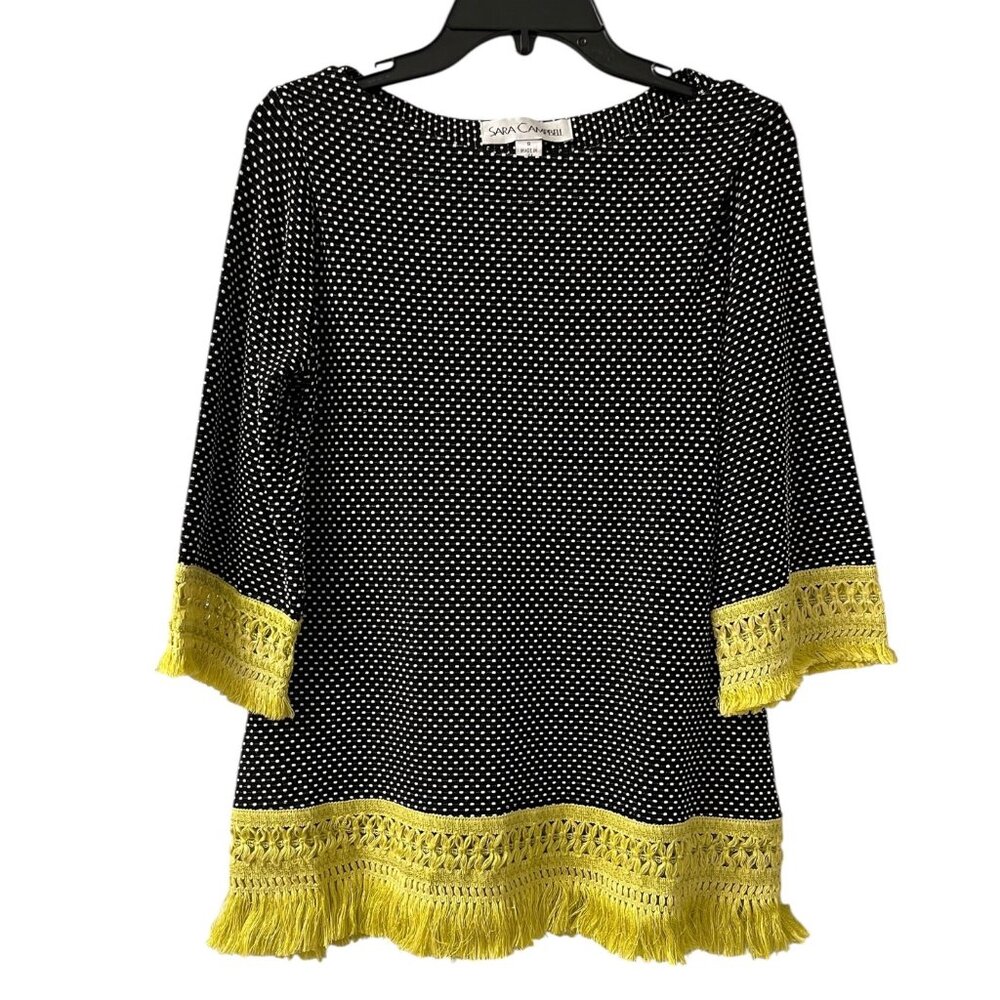 VTG Sara Campbell Polka Dot Top Embroidered Fringed Trim 3/4 Sleeves Size Small